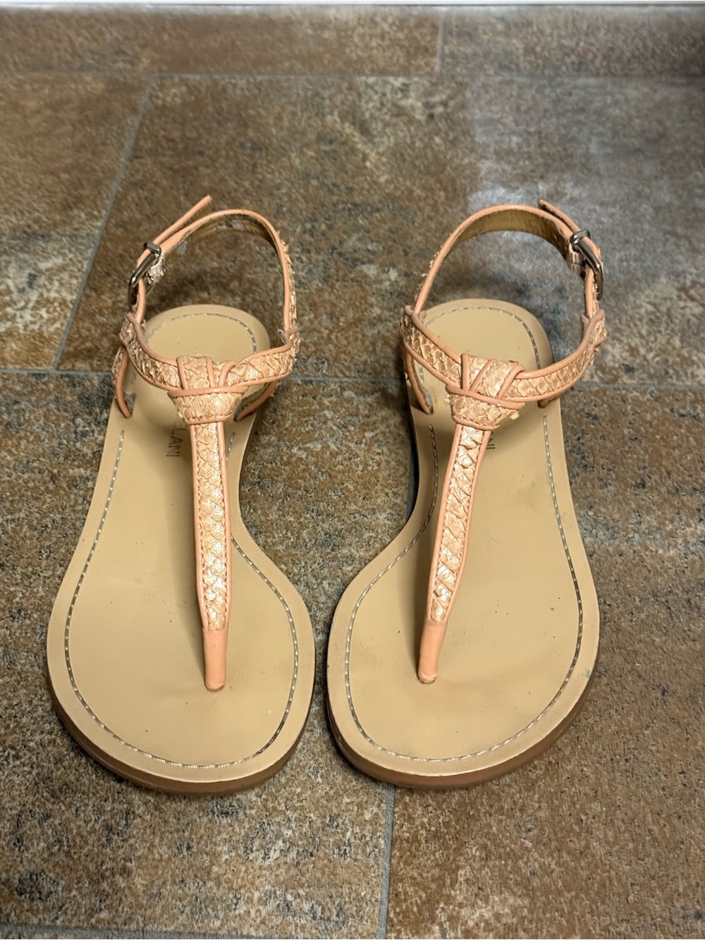 ANTONIO MELANI Peach T-Strap Sandals with Braided Detail